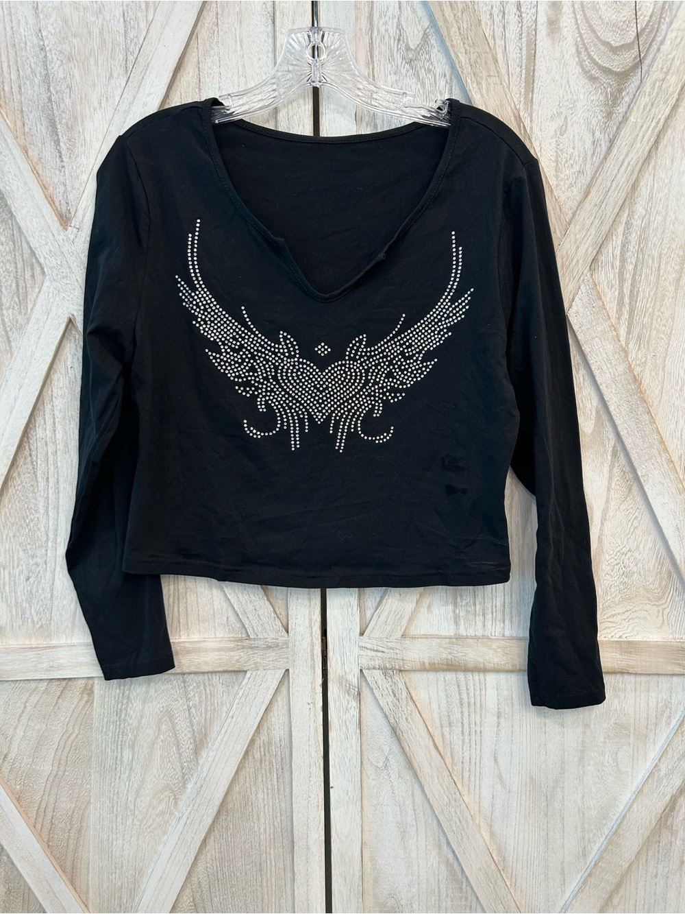 SHEIN Black Long Sleeve V-Neck Rhinestone Wing Graphic Tee
